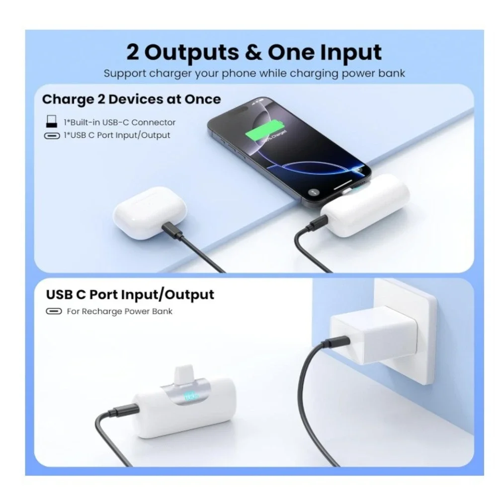 2 Pack Mini 5000mAh Portable Charger PD USB-C Power Bank with LCD Display IPhone